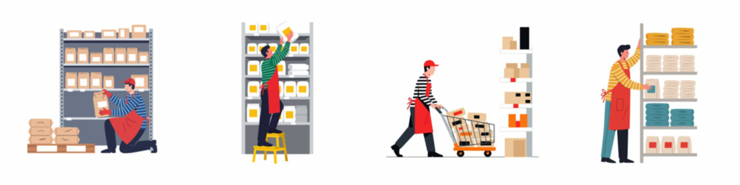 Flat illustration set of warehouse workers stocking shelves, managing inventory, and moving goods with a shopping cart in a store or distribution center.