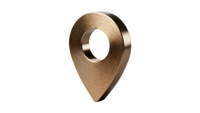 Brushed bronze metallic map pin marker, isolated on transparent background