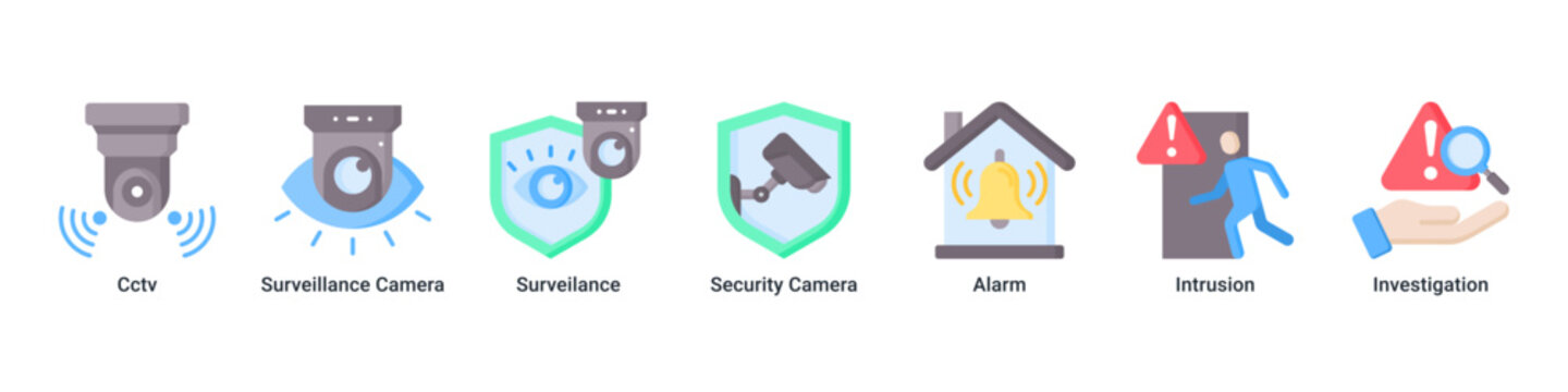 Surveillance Hub web banner icon vector illustration with icons of Cctv, Surveillance Camera, Surveilance, Security Camera, Alarm, Intrusion and Investigation