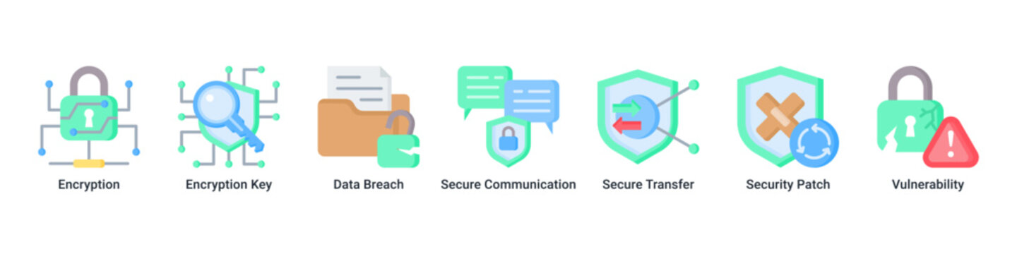 Data Protection web banner icon vector illustration with icons of Encryption, Encryption Key, Data Breach, Secure Communication, Secure Transfer, Security Patch and Vulnerability