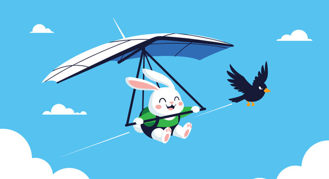 Happy white bunny rabbit enjoys a thrilling hang gliding adventure in a bright blue sky with white clouds and a black bird flying nearby.