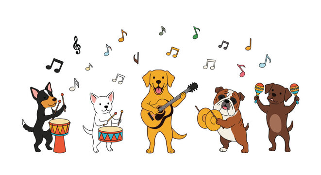 Energetic dog band featuring various breeds playing drums, guitar, cymbals, and maracas under a shower of colorful musical notes.