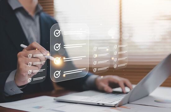 Business checklist and task management concept with digital to do list interface on laptop. Project planning, workflow organization, productivity tracking and corporate management technology.