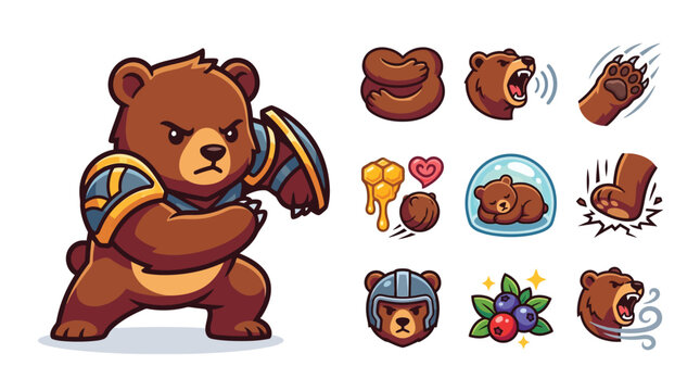 Vector illustration of a brown bear warrior character set for game design featuring armored chibi bear in fighting stance with skill icons for roar claw swipe stomp and berries