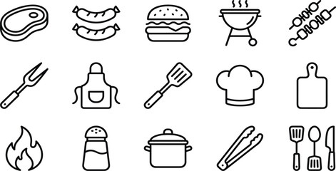 Outdoor summer BBQ and grill line icon set with cooking tools meat and picnic equipment for barbecue party menu design. © MST HASMOTARA