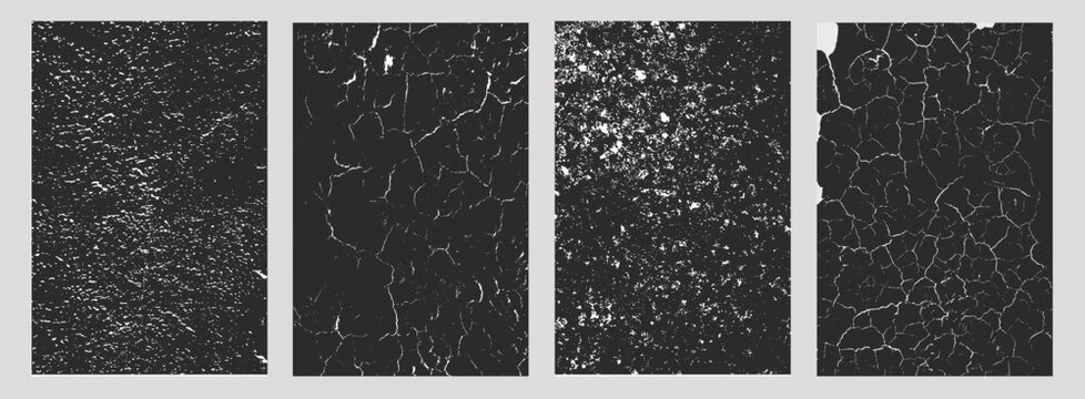 Set of four cracked and weathered surface textures, including fissured earth, worn patches, and speckled corrosion patterns, abstract aged designs for backgrounds, overlays, or artistic projects