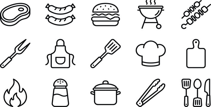 Outdoor summer BBQ and grill line icon set with cooking tools meat and picnic equipment for barbecue party menu design.