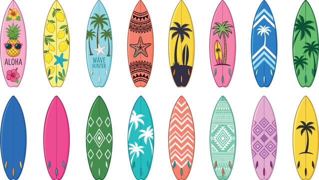 Colorful Surfboard Vector Collection with Tropical Beach Patterns, Summer Ocean Sports Designs, and Decorative Hawaiian Surf Illustrations