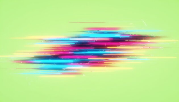 Vibrant colorful abstract glitch effect, blurred horizontal lines, neon pink blue yellow hues, digital distortion, symbolizing technology error, data corruption, for futuristic designs