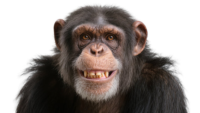 Smiling chimpanzee face with dark fur, isolated on transparent background