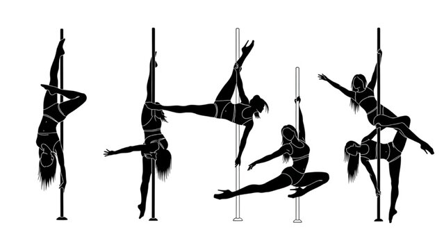 2D CAD Vector illustration of dancers performing acrobatic pole dance moves