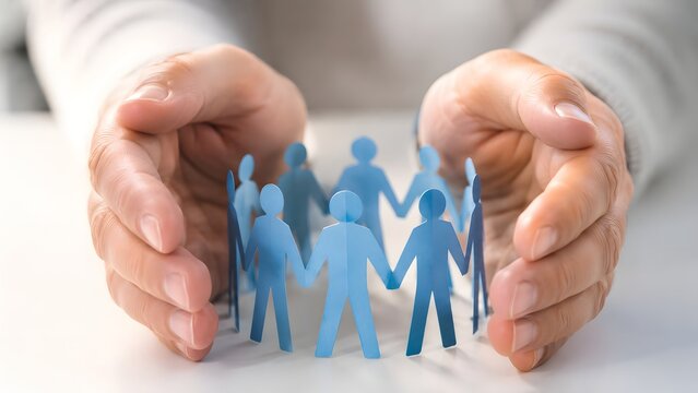 Family protection concept with hands safeguarding paper people for life insurance health care social support safety trust and financial security planning background