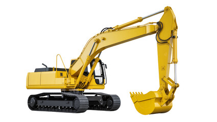 Yellow excavator with articulated arm and bucket, isolated on transparent background © Marta