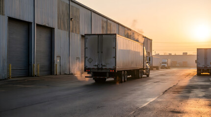 Obraz premium Semi-trailer truck driving away from a large warehouse during sunset warm light golden hour loading bay warehouse industrial