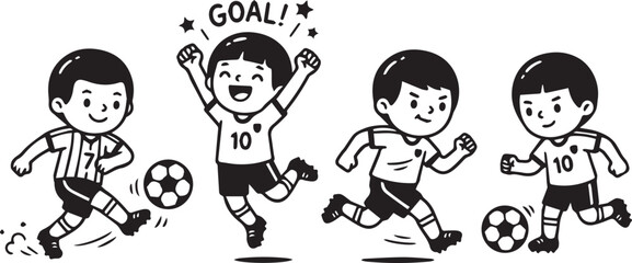 Cute kids soccer players celebrating goal cartoon characters vector illustration © smcreovent