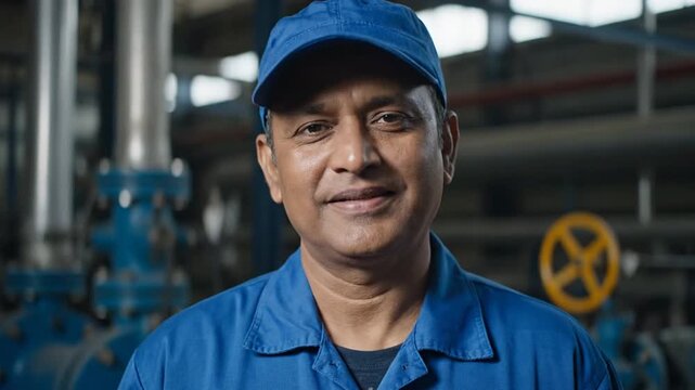 Smiling factory worker in blue uniform.