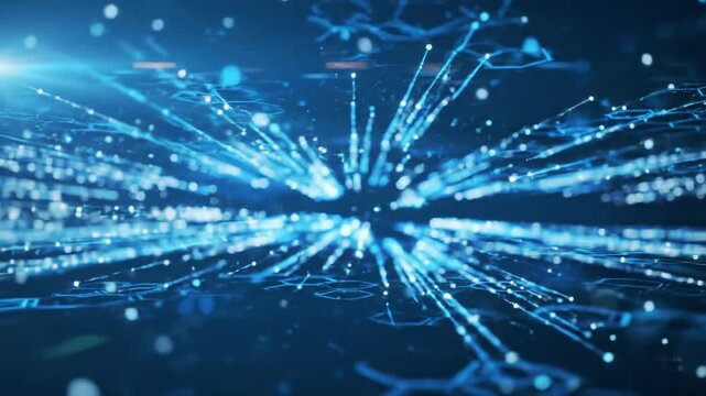 Intricate deep blue digital cyberspace with luminous, abstract data streams, glowing lines, and interconnected nodes. Virtual dolly, shallow DOF, digital bokeh. Concept of advanced AI and innovation