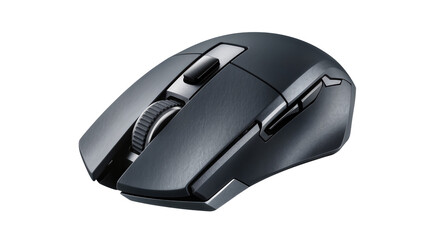 Ergonomic black computer mouse with textured scroll wheel, isolated on transparent background © Marta