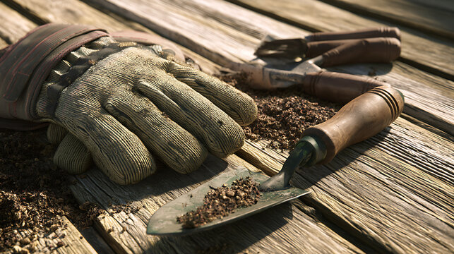 Outils de jardinage sur une table en bois avec de la terre et des gants au soleil du matin