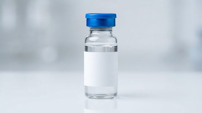 Clear glass medical vial with blue cap and blank label standing on white surface for pharmaceutical branding