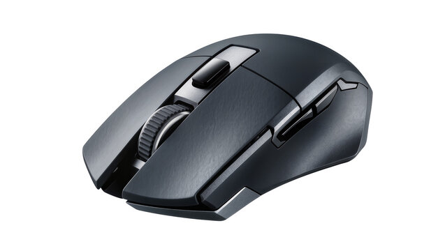 Ergonomic black computer mouse with textured scroll wheel, isolated on transparent background