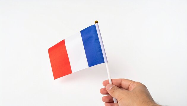 "Hand holding French national flag with vertical blue, white, red stripes, attached to white pole with gold finial, plain background emphasizing identity, pride, and symbolism."