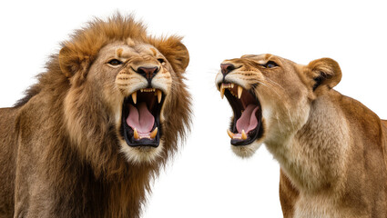 Majestic male lion and lioness roaring aggressively, isolated on transparent background © Noah
