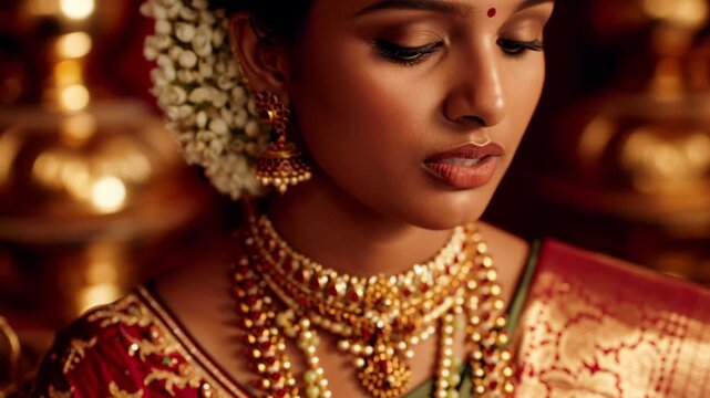 Elegant Indian Bride Wearing Traditional Jewelry and Floral Hair Ornament