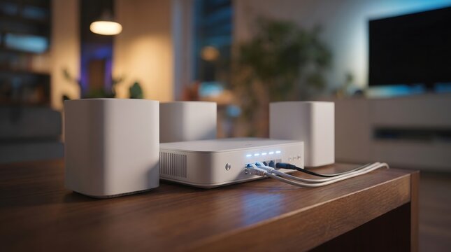 Network router sitting on a wooden table with connected ethernet cables facilitates high-speed internet access in a home office.