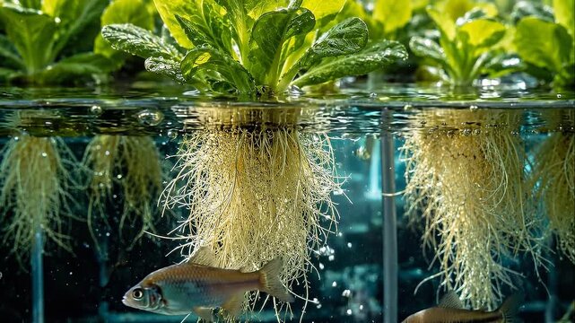 Regenerative future hydroponic lettuce with exposed roots float clear water and fish beneath showcasing sustainable aquaponic growing method nutrient