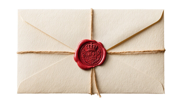 Cream envelope sealed with red wax and twine, isolated on transparent background
