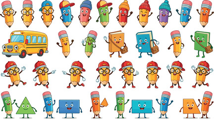 Fototapeta premium Cute Pencil Cartoon Character Collection with Funny School Mascots, Educational Supplies, and Back to School Vector Illustrations for Kids Designs