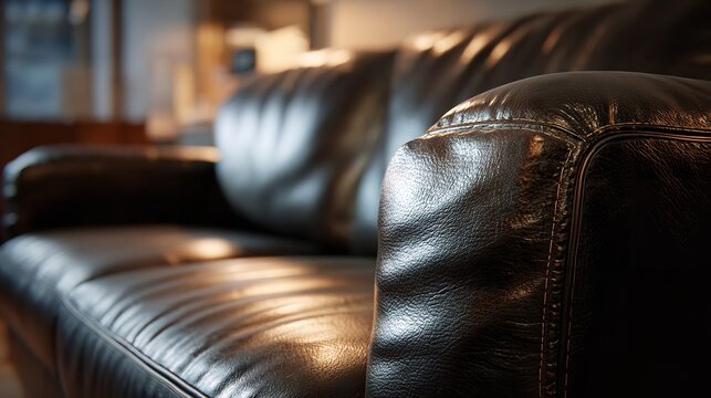 Close up of dark brown leather couch in a modern living room setting.