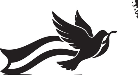 Fototapeta premium A dynamic black silhouette of a flying dove carrying an olive branch, with flowing wavy lines behind it symbolizing motion and peace.