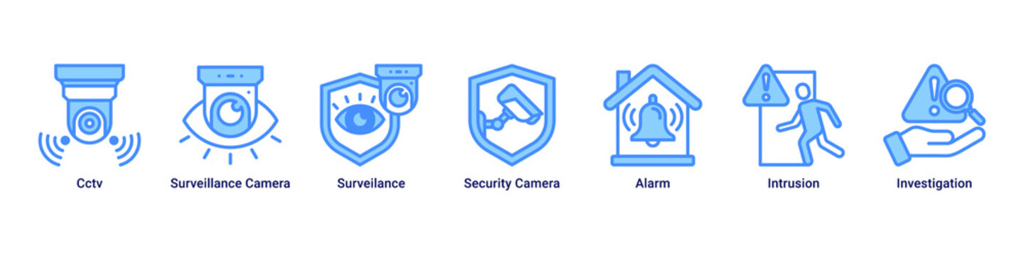 Surveillance Hub web banner icon vector illustration with icons of Cctv, Surveillance Camera, Surveilance, Security Camera, Alarm, Intrusion and Investigation