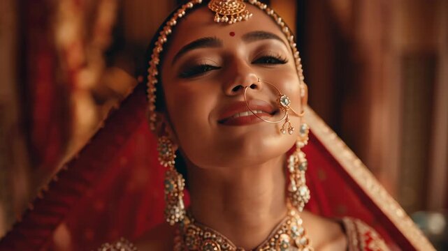 Portrait of beautiful Indian bride in traditional red wedding attire
