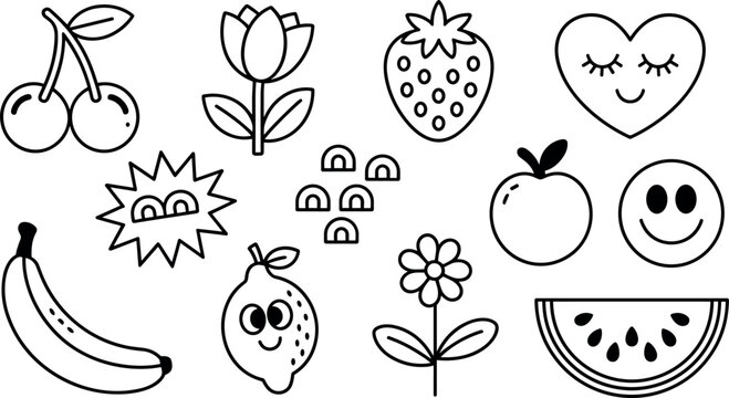 Cute line art cartoon sticker vector set with fruits flowers smiley face and doodle elements