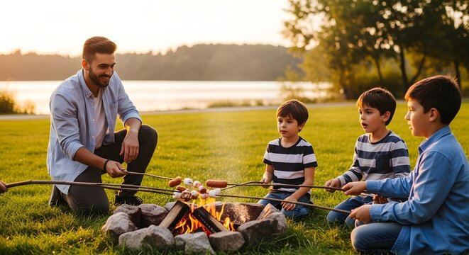 Camping Adventure with Generation Alpha Kids and Adult by Lake, Evening Outdoor Lifestyle Scene, Family Bonding