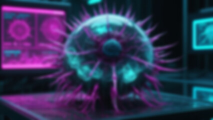 Obraz premium Blurred Neon Virus Pathogen in High Tech Science Laboratory