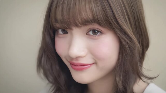 チークブラシで頬にカラーをのせる手元と微笑む口元のクローズアップ、アジア系女性メイク横型美容素材