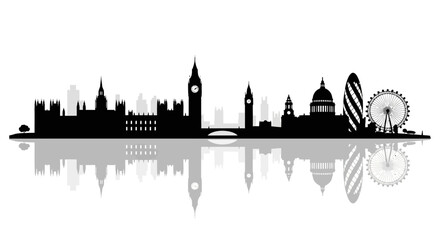 Fototapeta premium London Skyline Silhouette Black White Reflection Landmark Icons