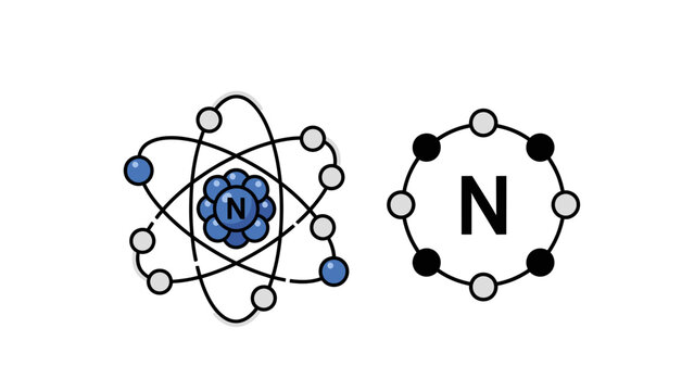 Nitrogen Atom Structure Vector Illustration with Electron Shells and Lewis Dot Model for Science Education and Design