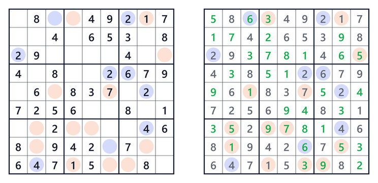 Sudoku solution page showing even and odd numbers at easy level . For a book of Japanese Sudoku puzzles 