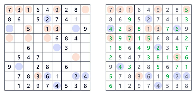 Sudoku solution page with even/odd indicators for easy level. For a book of Japanese Sudoku puzzlesм 