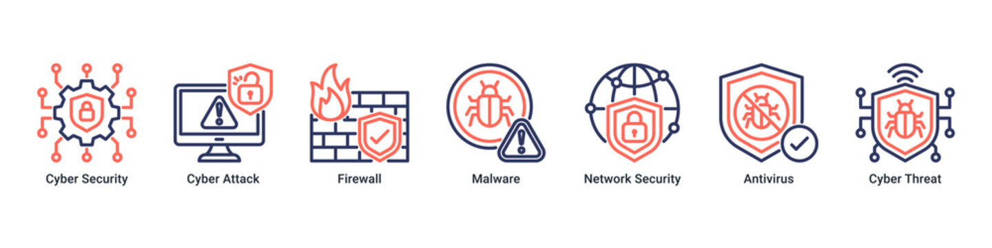 Cyber Defense web banner icon vector illustration with icons of Cyber Security, Cyber Attack, Firewall, Malware, Network Security, Antivirus and Cyber Threat