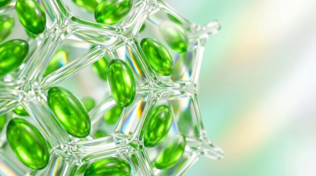 Abstract close-up of green plant cell wall structure with light refraction