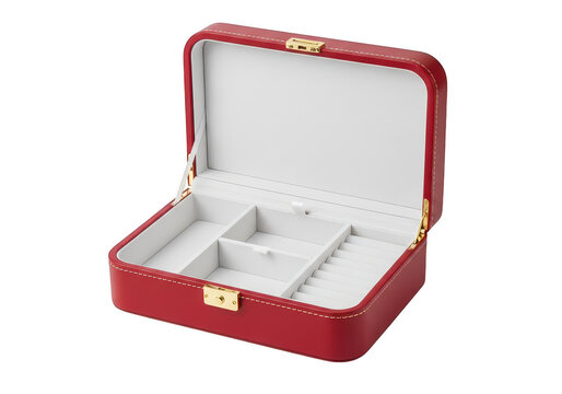 Open red leather jewelry storage box with gold metal latch and internal compartments isolated on transparent background