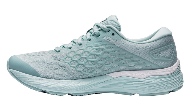 Light blue athletic running shoe with honeycomb pattern, isolated on transparent background
