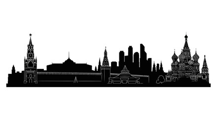 Fototapeta premium Moscow Skyline Silhouette - Kremlin, St. Basil's Cathedral, Modern Buildings