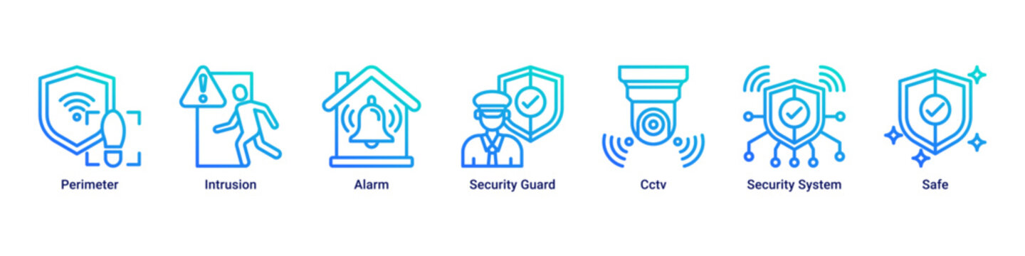Perimeter Safety web banner icon vector illustration with icons of Perimeter, Intrusion, Alarm, Security Guard, Cctv, Security System and Safe